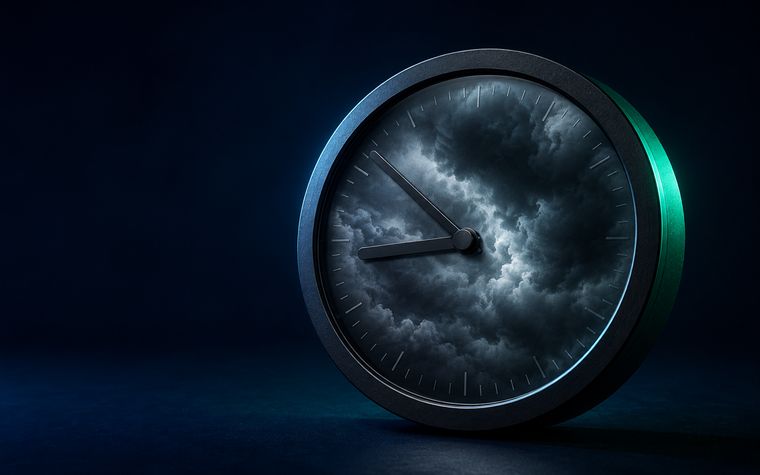 A clock face filled with storm clouds — the pressure moment held in time