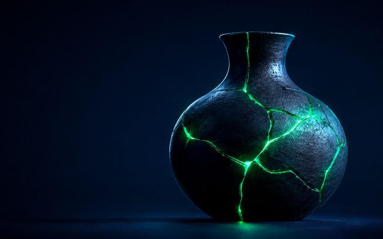 A dark ceramic vessel repaired with glowing emerald seams