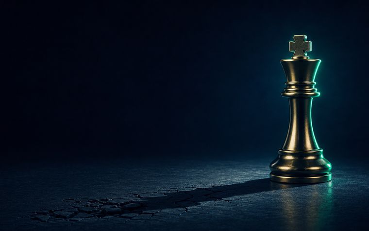 A flawless chess king casting a long cracked shadow