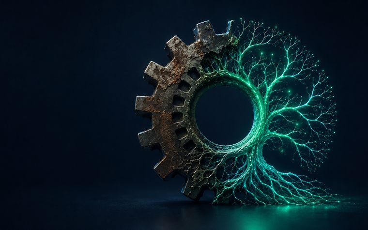 A rusted industrial gear transforming into a luminous branching tree