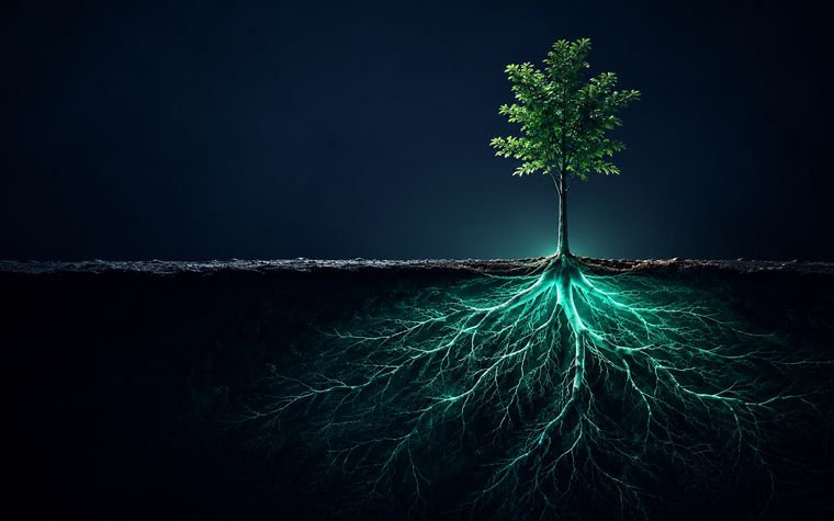 A young tree whose glowing root system dwarfs its canopy — depth beneath the visible