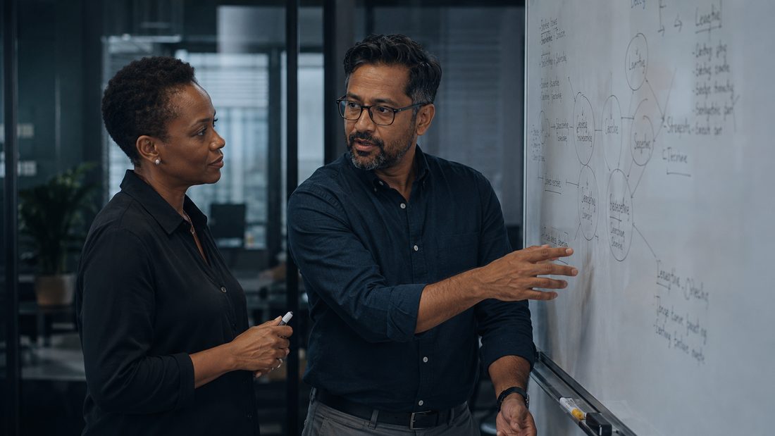 An SBI consultant and a client executive working through an organisational diagnostic on a whiteboard