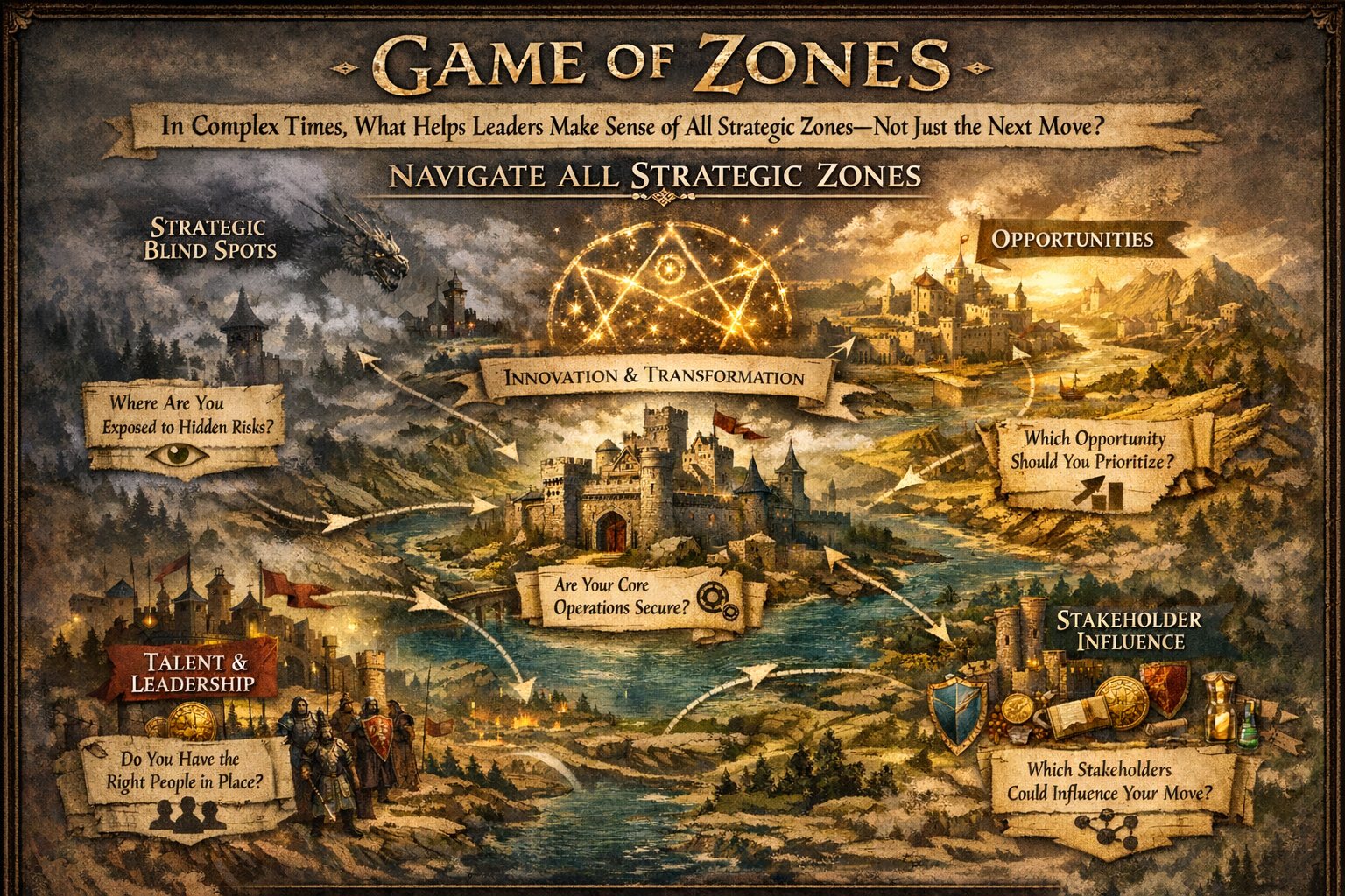 Game of Zones strategy map: a central stronghold surrounded by six labelled zones &mdash; strategic blind spots, innovation and transformation, opportunities, talent and leadership, stakeholder influence, and core operations at the centre