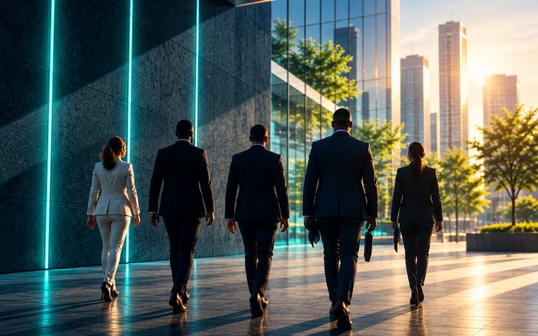 Leaders walking together outside a modern corporate office building