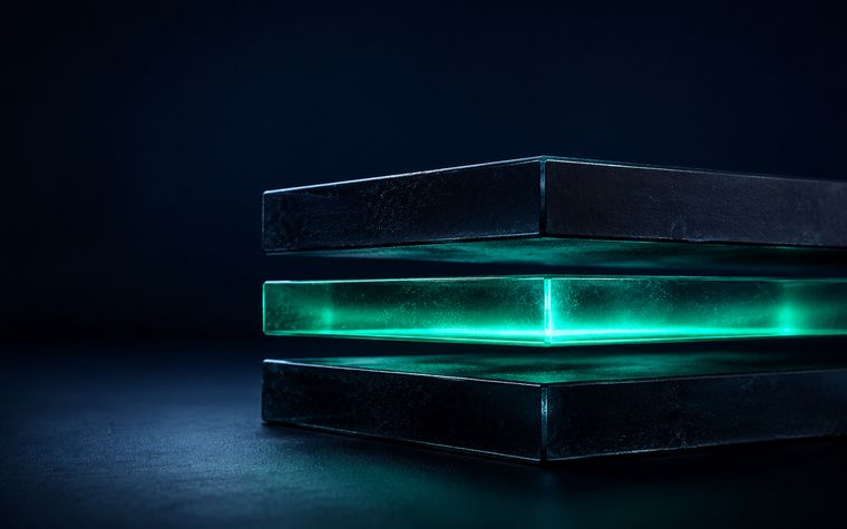 Three stacked glass layers, the load-bearing middle one glowing